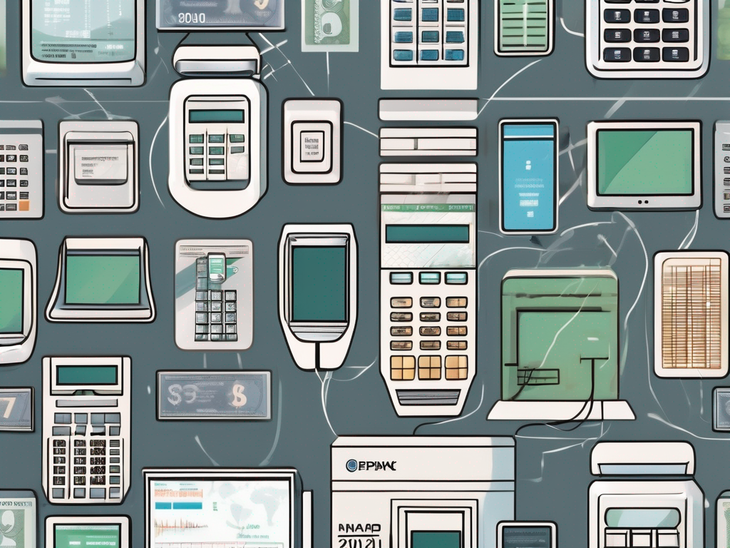 An array of modern bank terminals displayed on a sleek countertop